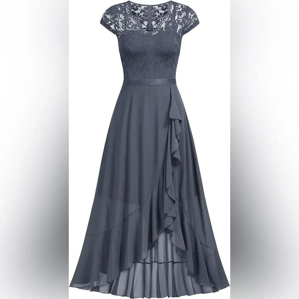 Womens Size 4-6 Dress NEW Asymmetircal Feminine Gray Formal Party Guest Midi - Picture 7 of 15
